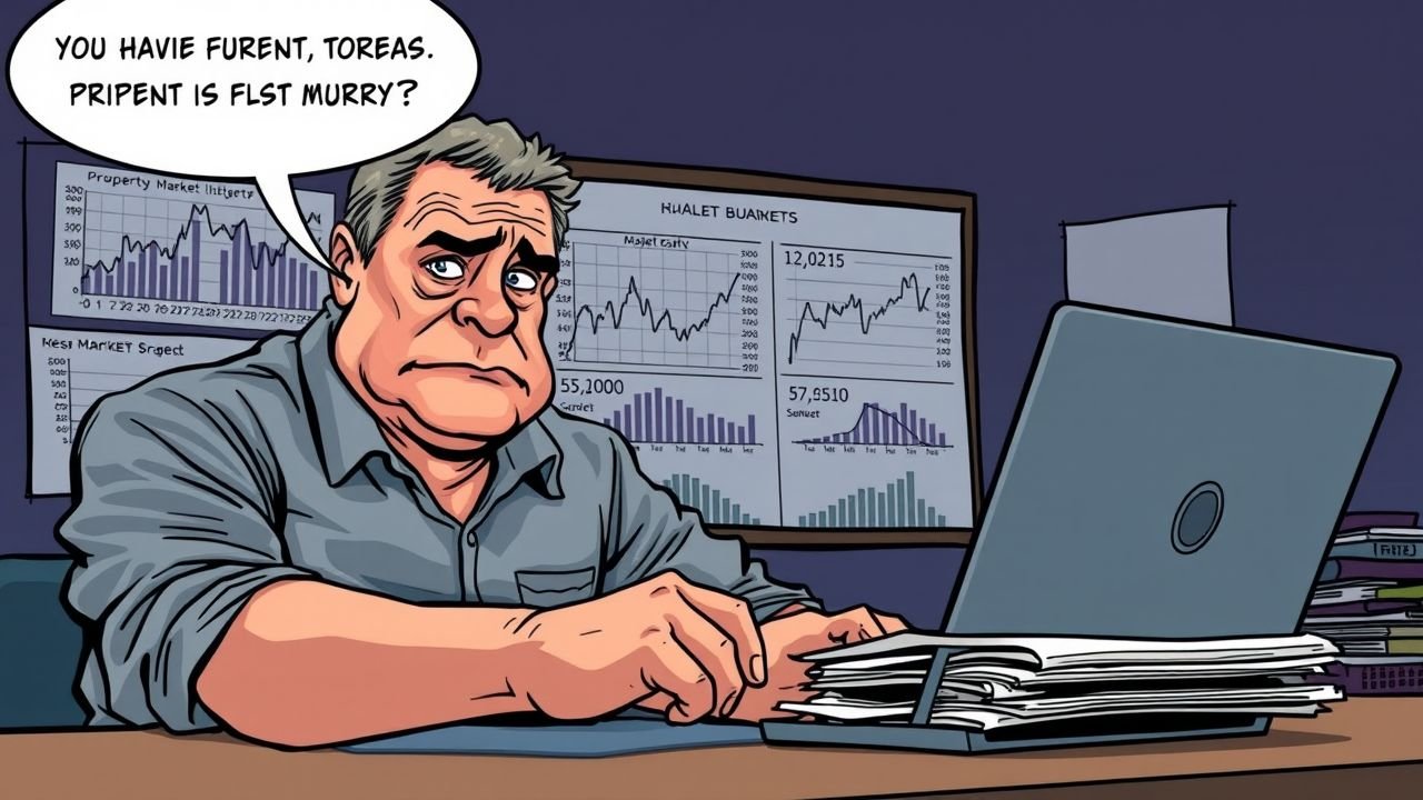 A middle-aged man is frustrated while working on financial documents and market trends on his laptop.