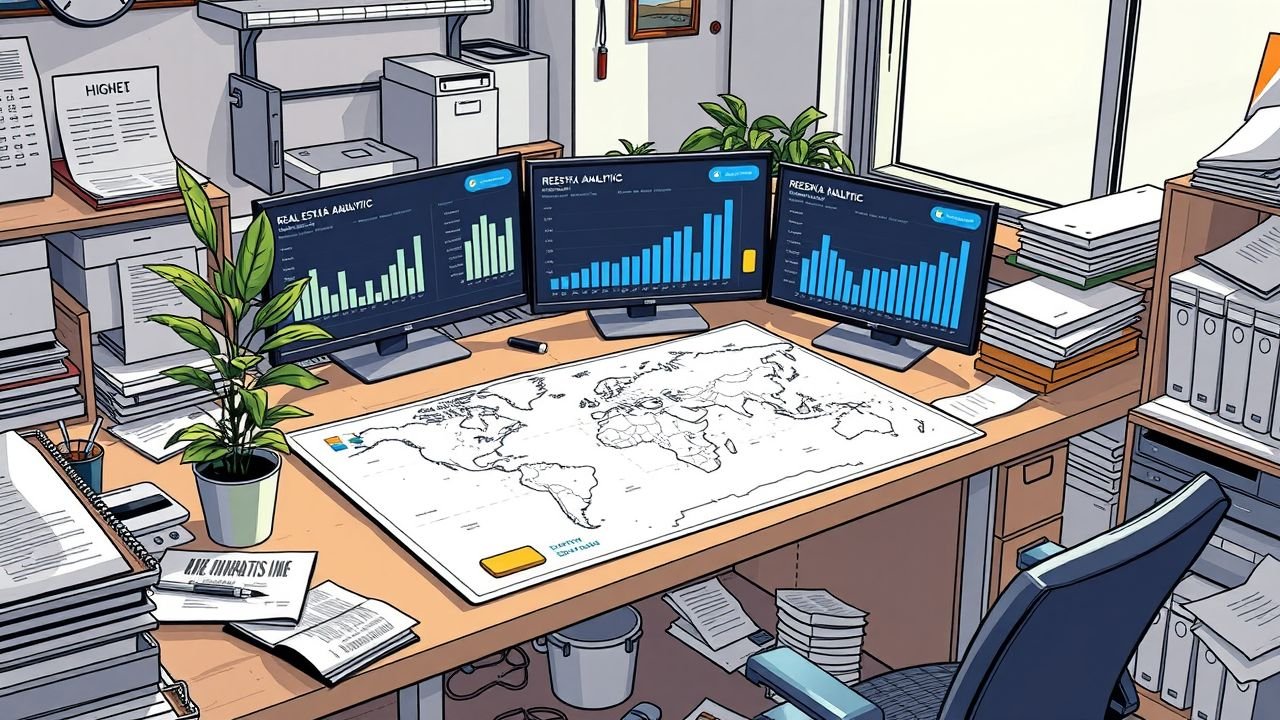 A cluttered modern office desk with a world map, real estate data analytics, and a green plant.