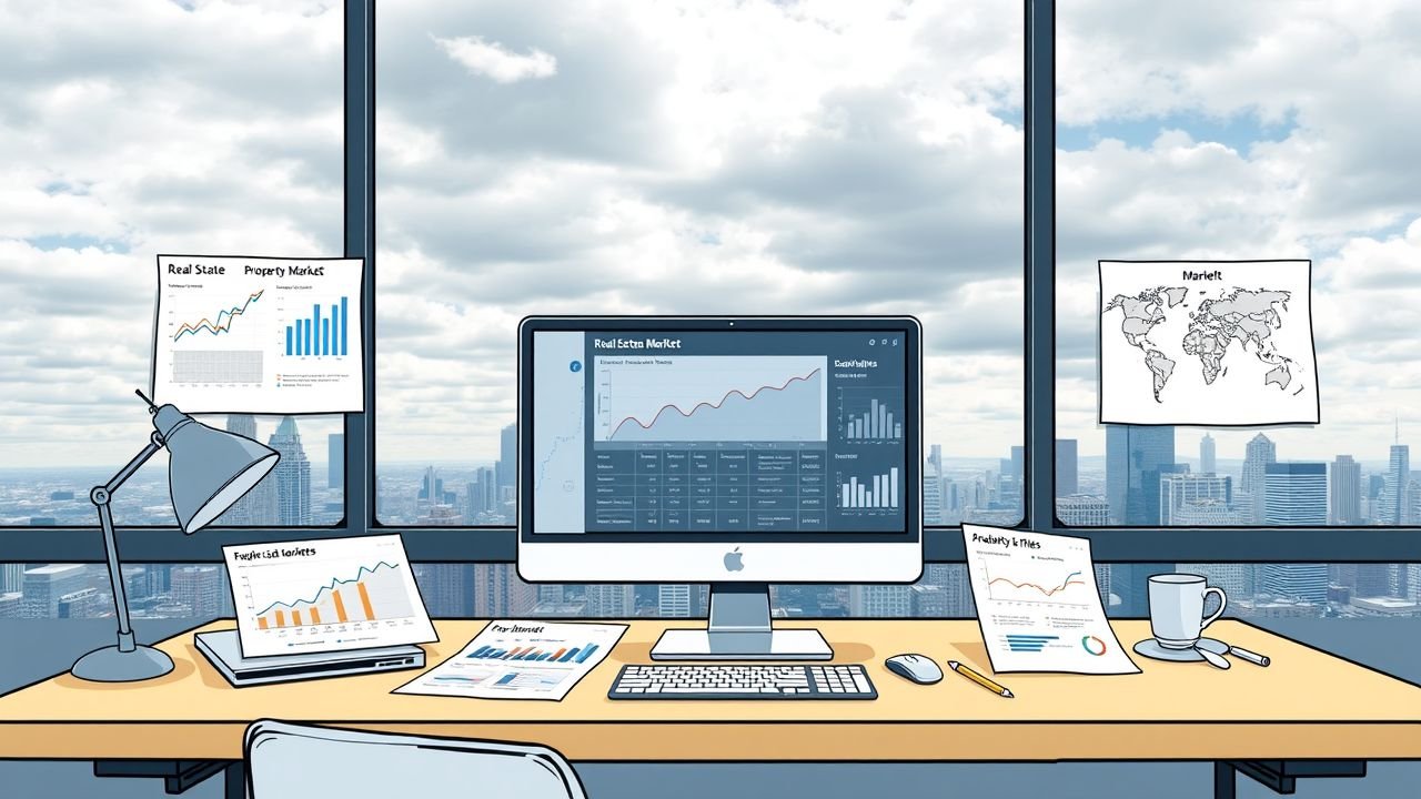 A modern office desk with real estate data analytics software and city skyline view.