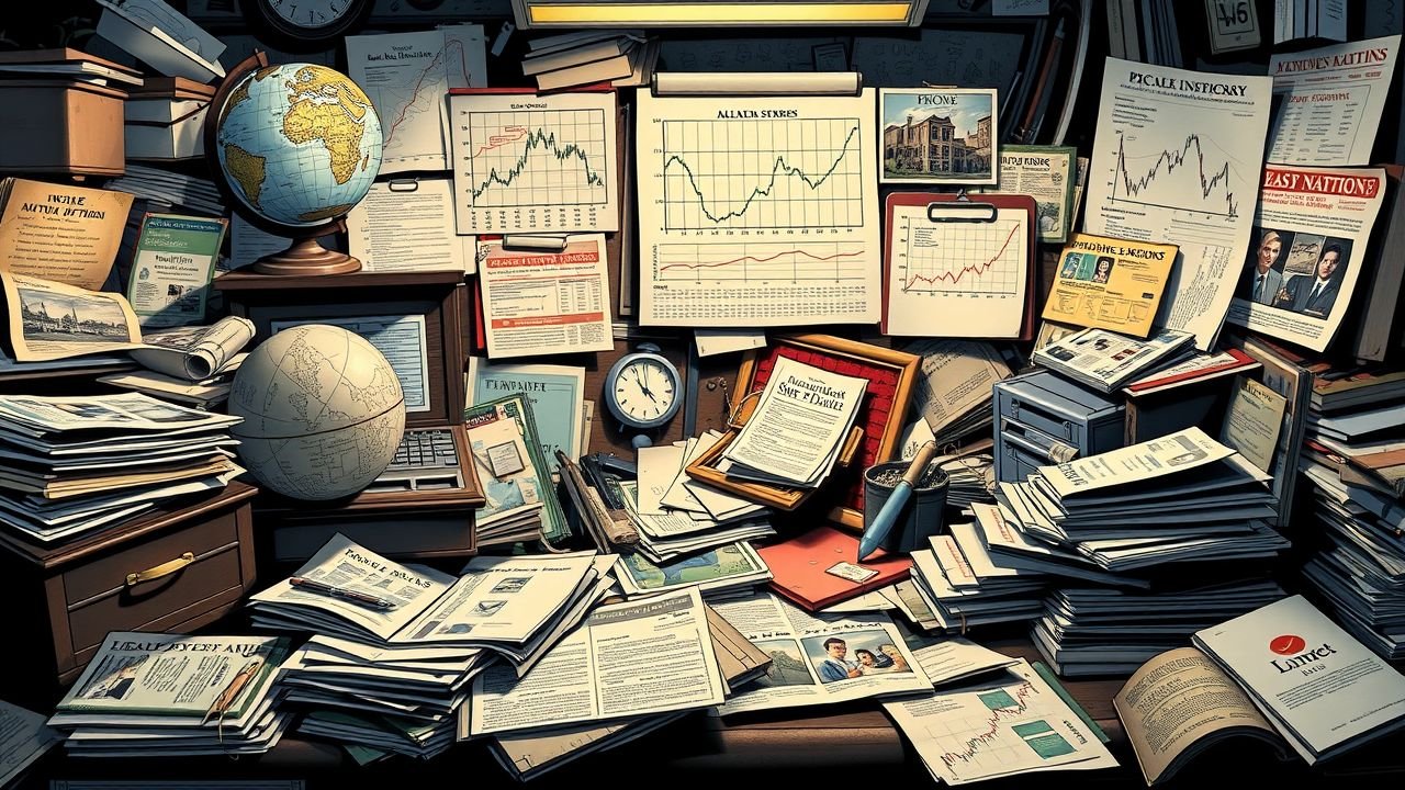 A cluttered desk filled with outdated financial items creates a sense of urgency in a vintage setting.