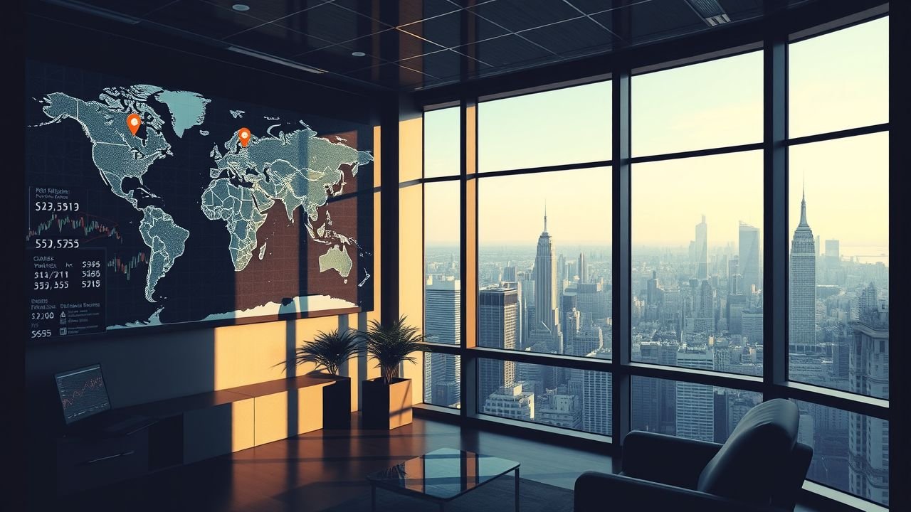 The image depicts a modern office with a world map, investment pins, and financial data.