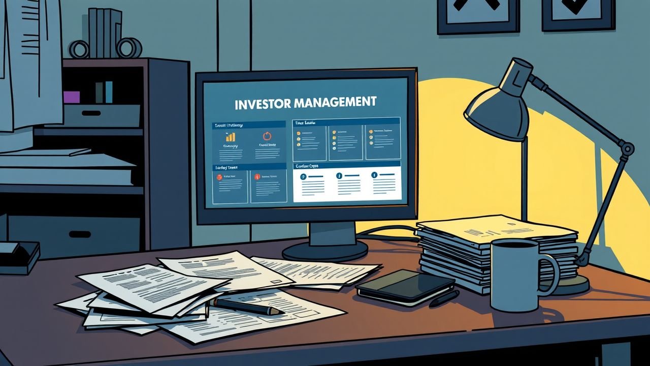 The image shows a tidy desk with real estate investor management software, paperwork, and a cup of coffee.