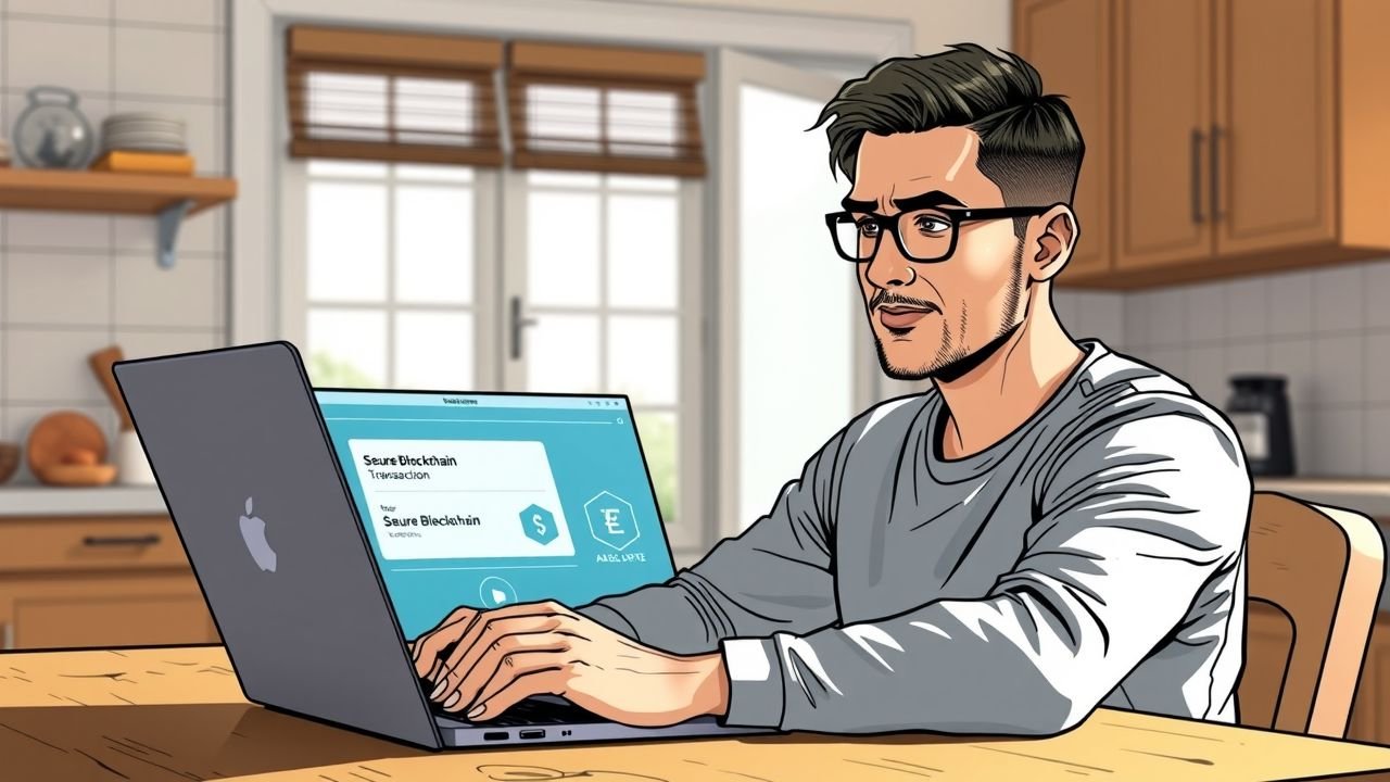 A person in their mid-30s is securely buying real estate through a blockchain transaction on their laptop.