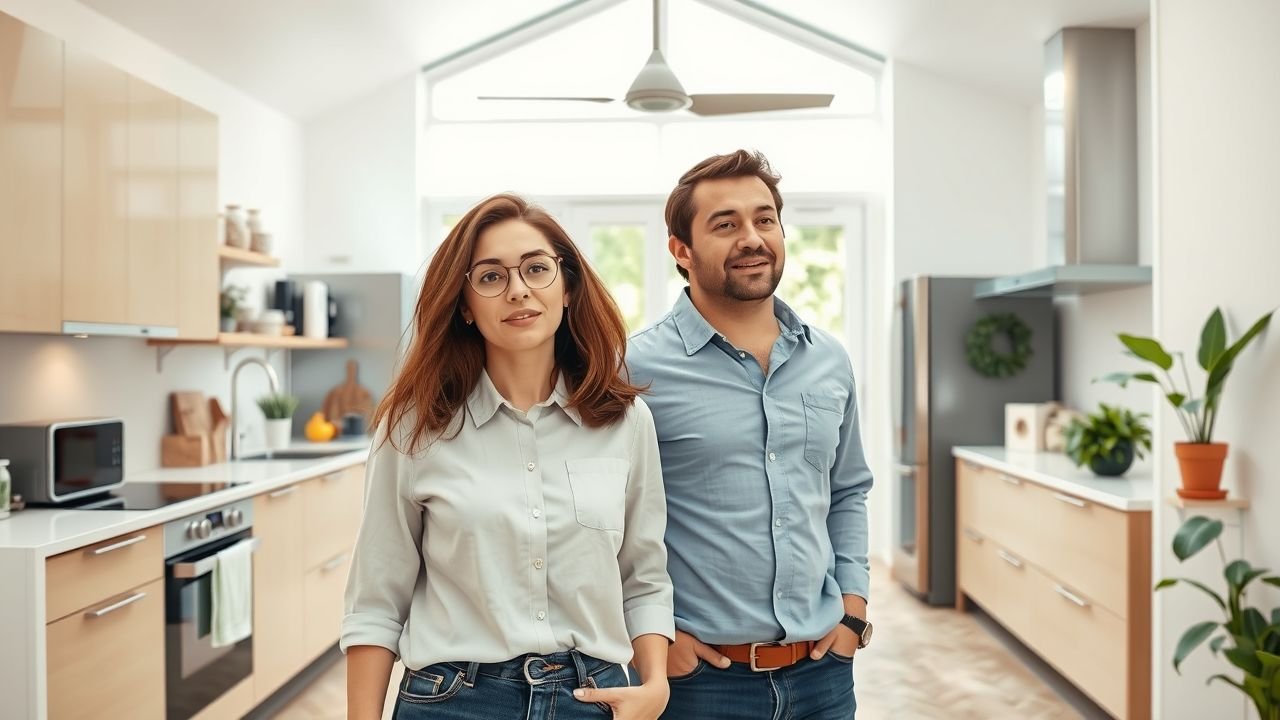 A young couple explores a modern, energy-efficient smart home with sustainable appliances.