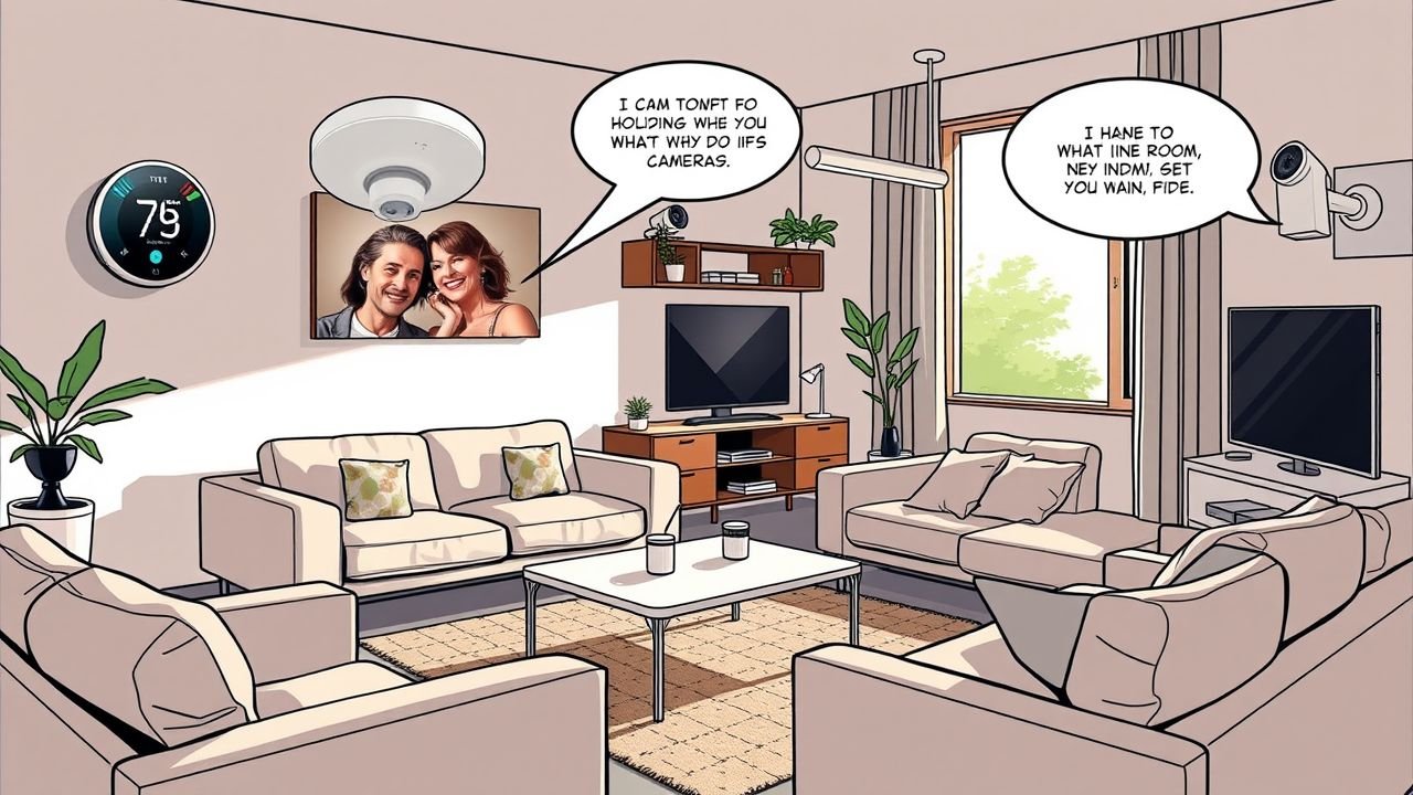 The image depicts a modern living room with sleek furniture and high-tech gadgets.