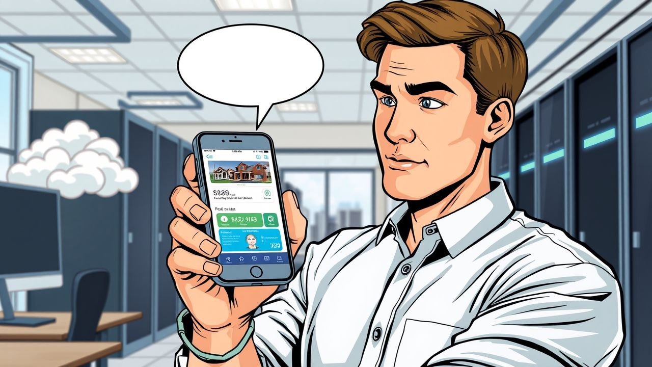 The image depicts a smartphone displaying a property management app in a modern office setting.