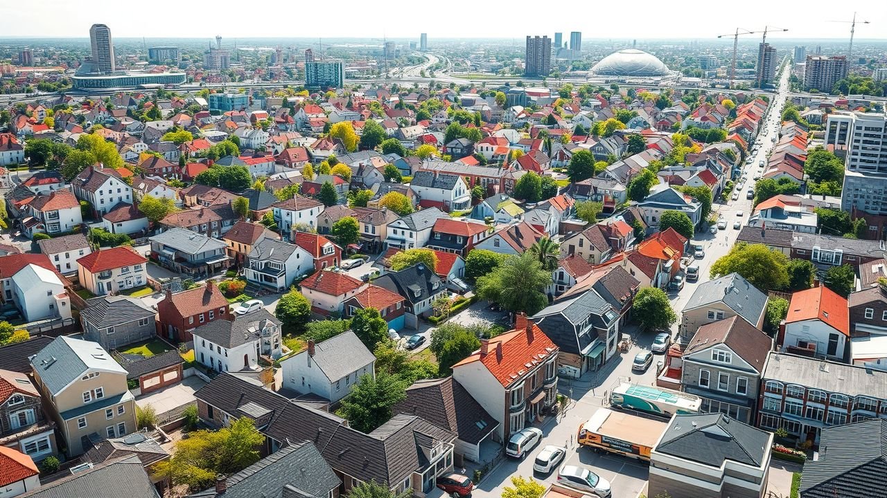 A comic book style aerial view of a diverse, busy city with different neighborhoods and buildings.