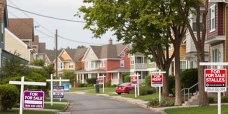 Residential street lined with houses, featuring numerous "For Sale" and "For Rent" signs on the lawns.