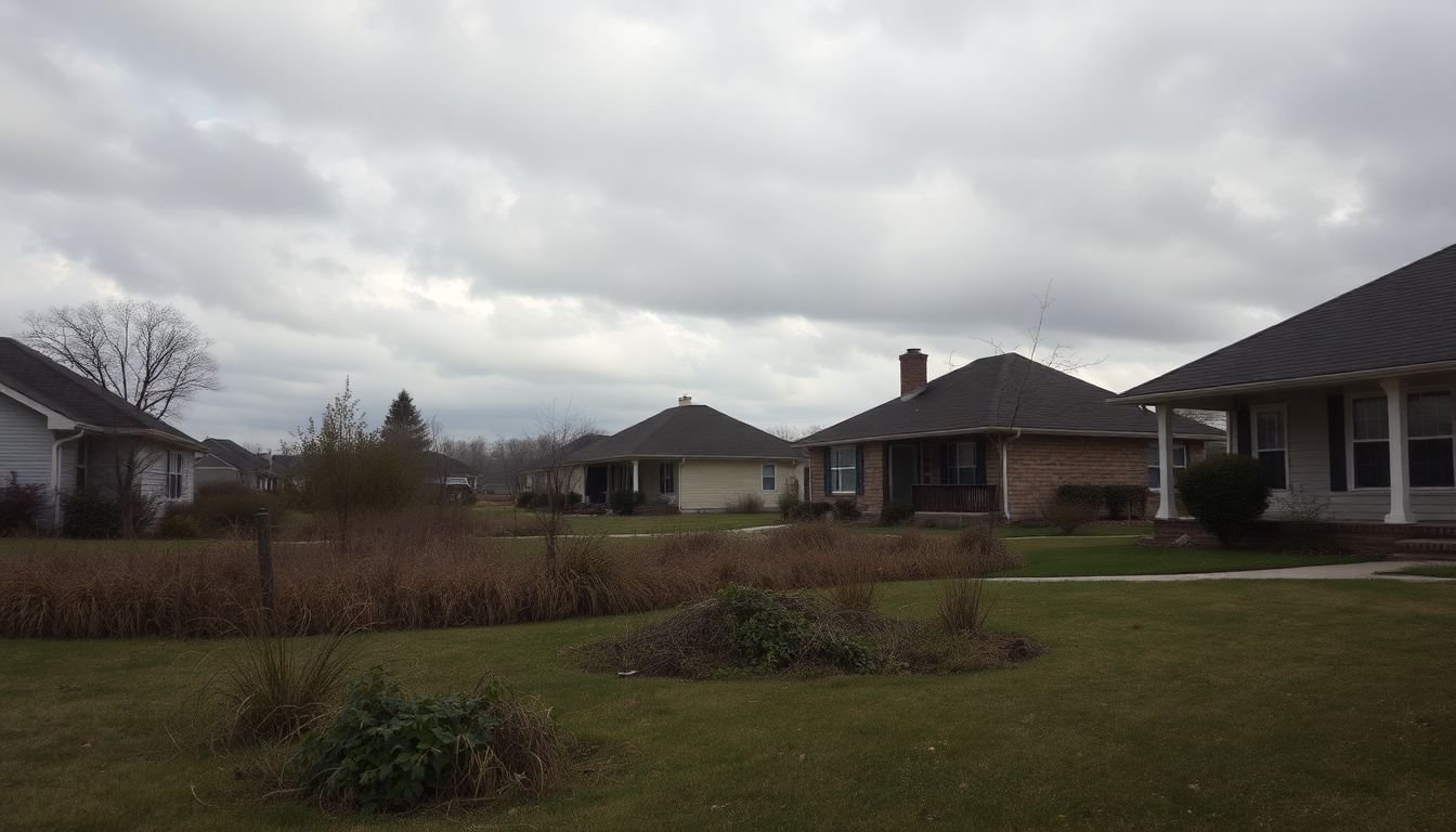 A photo of a run-down suburban neighborhood with neglected homes and overgrown lawns.