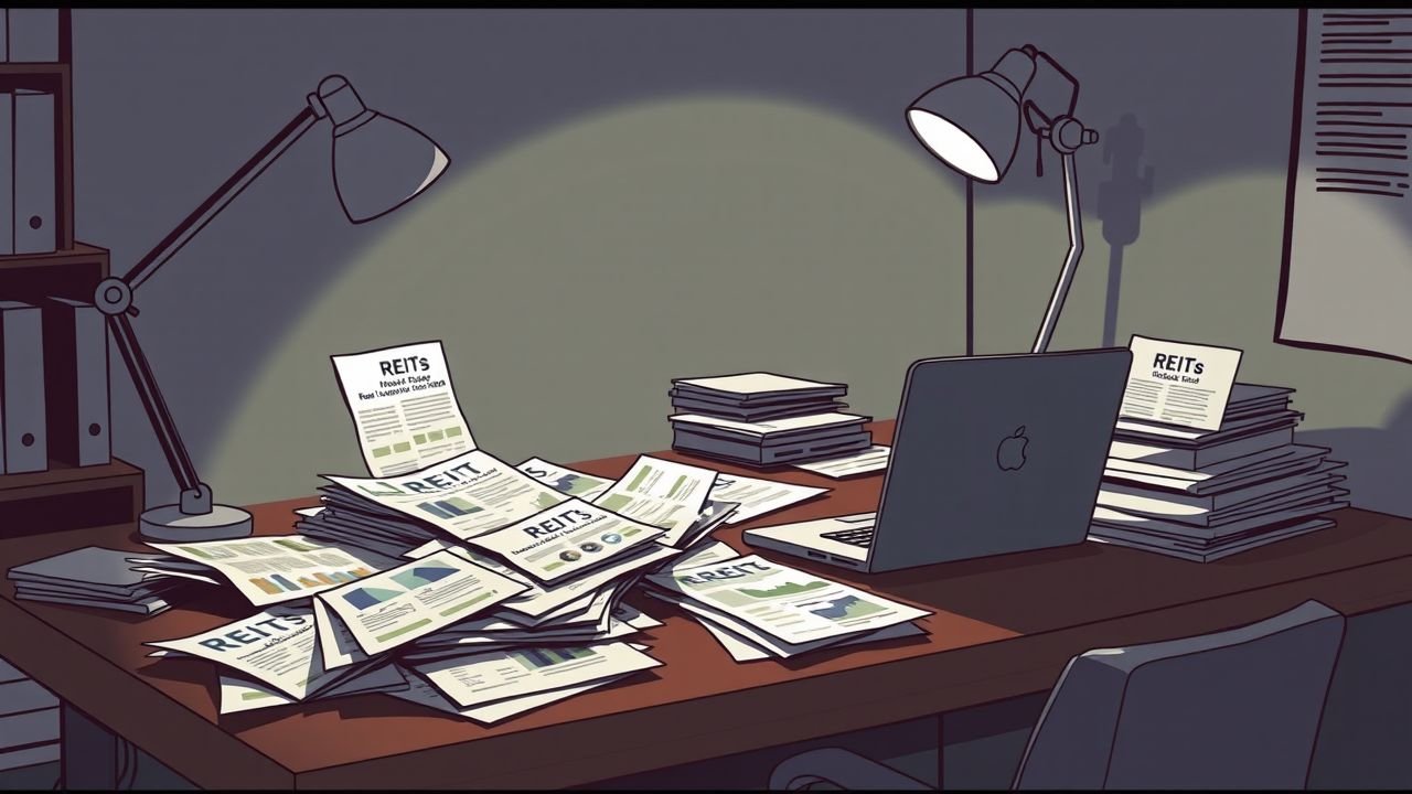 A cluttered modern office desk with scattered financial reports and documents related to REITs.