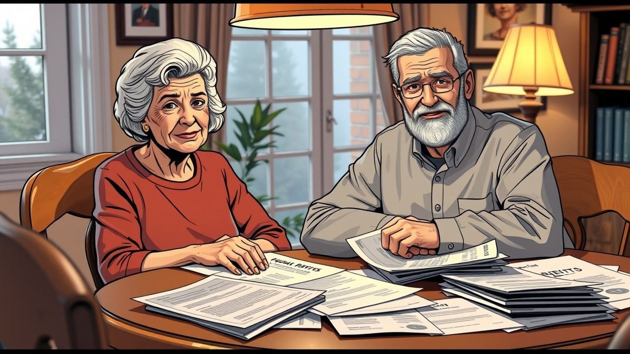 An elderly couple sits at a dining table, discussing real estate investment trusts (REITs) and financial planning.