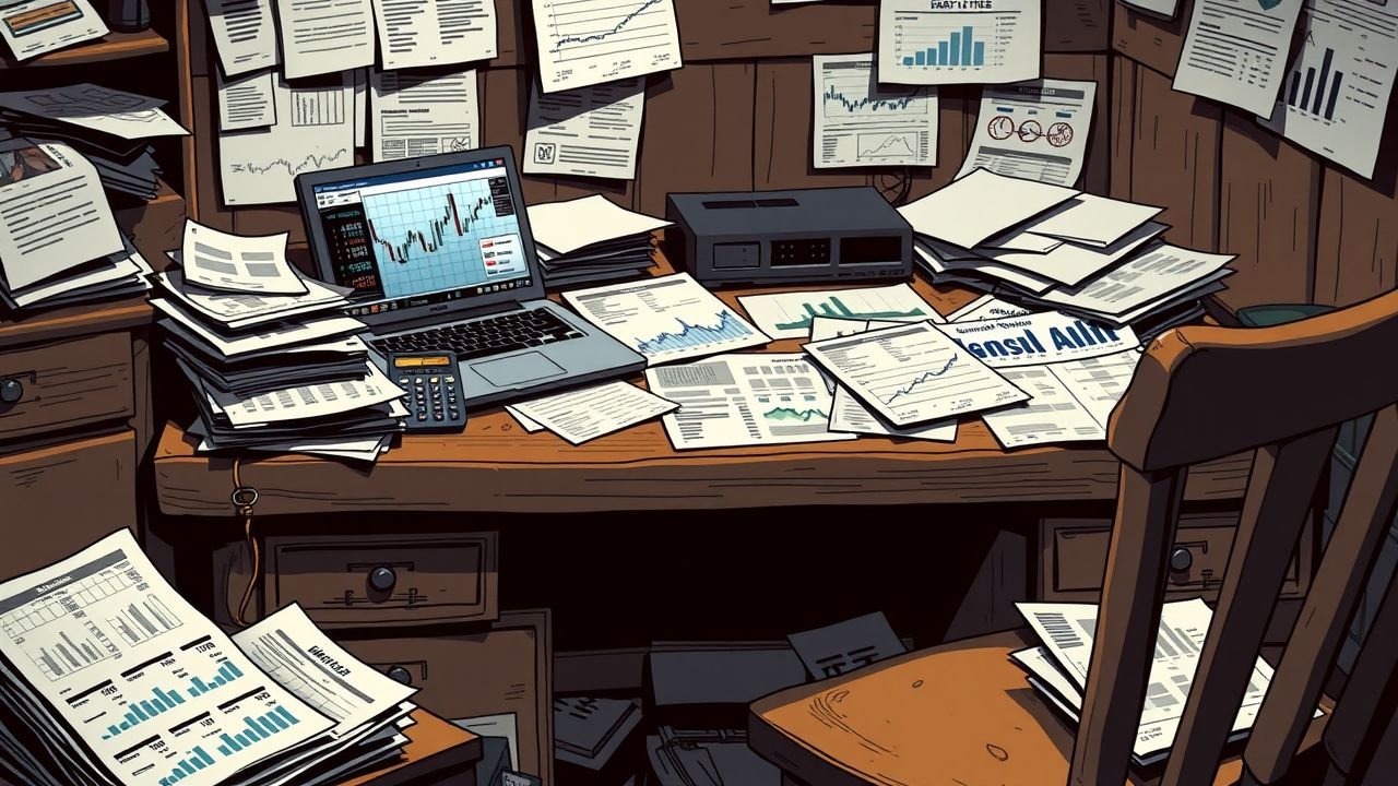 The image depicts a cluttered desk with financial reports, stock tickers, and a vintage calculator.