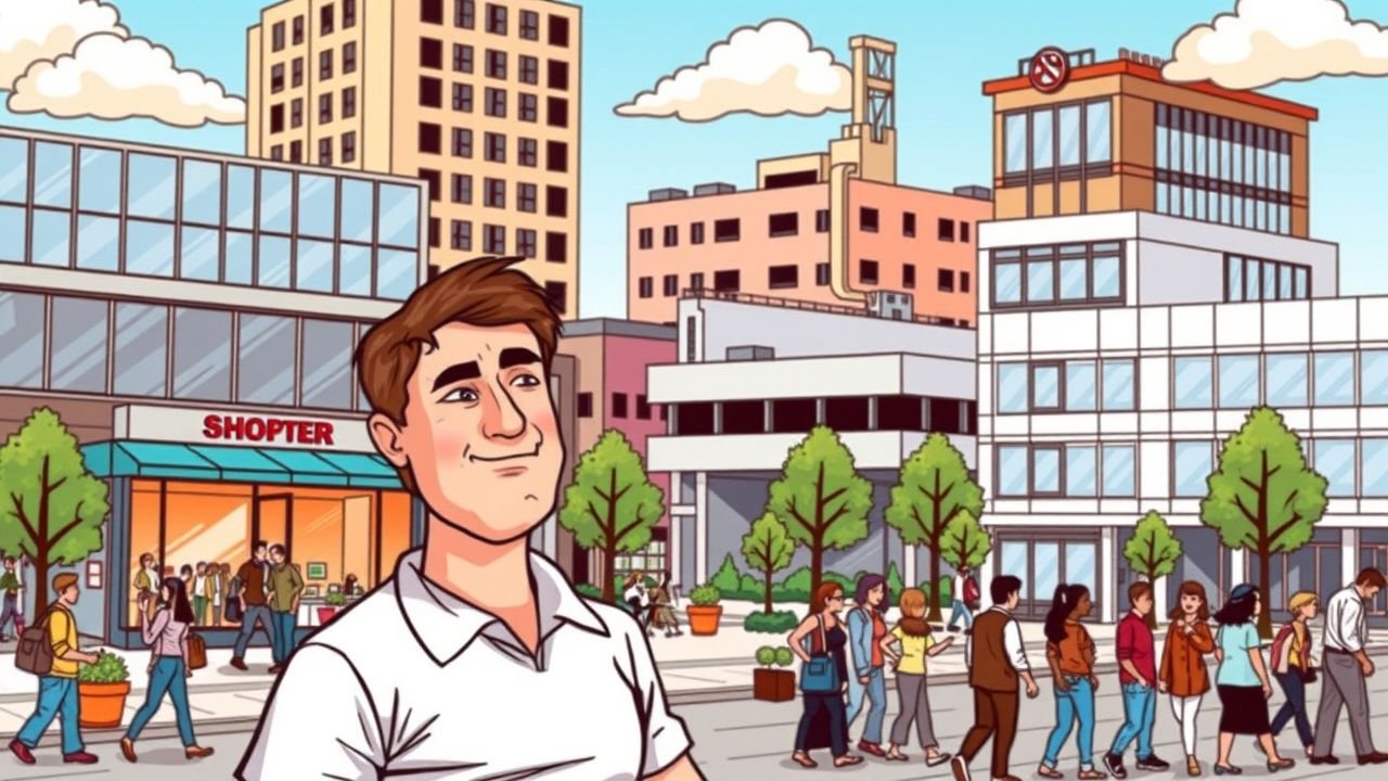 The comic book style image depicts a diverse array of real estate investment trusts in a lively outdoor setting.