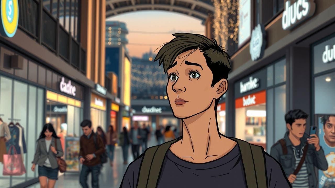 A comic book style image of a bustling modern shopping center at dusk.