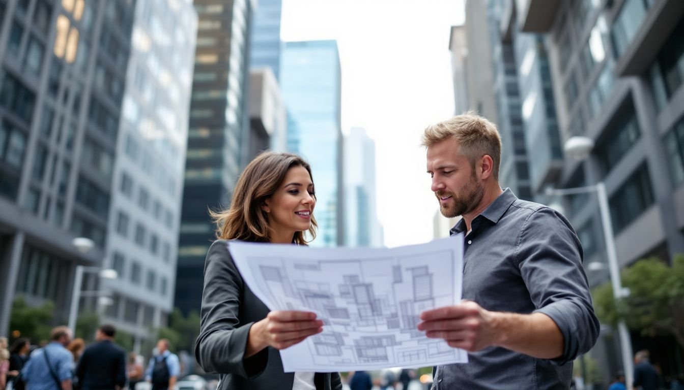 Two professional adults discussing investment opportunities in commercial real estate in a busy downtown area.