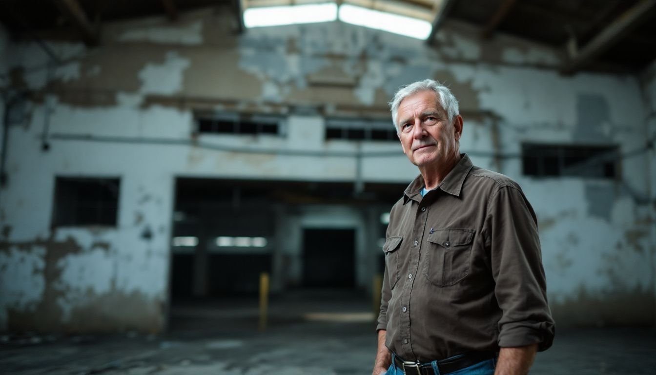 An older man in casual clothes stands in front of a rundown warehouse, considering its potential for commercial use.