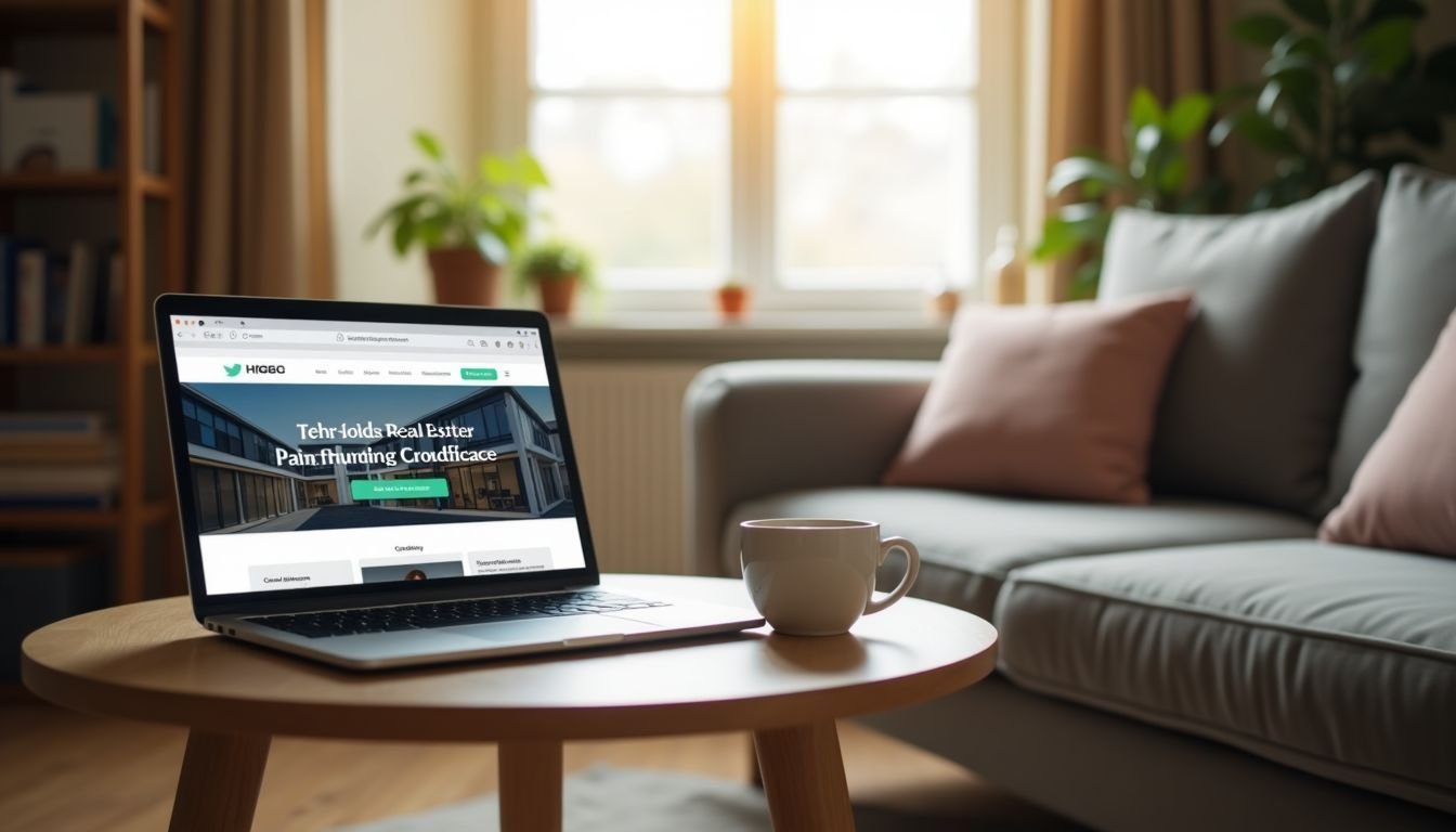 A cozy living room with an open laptop displaying a real estate crowdfunding website and a cup of coffee.