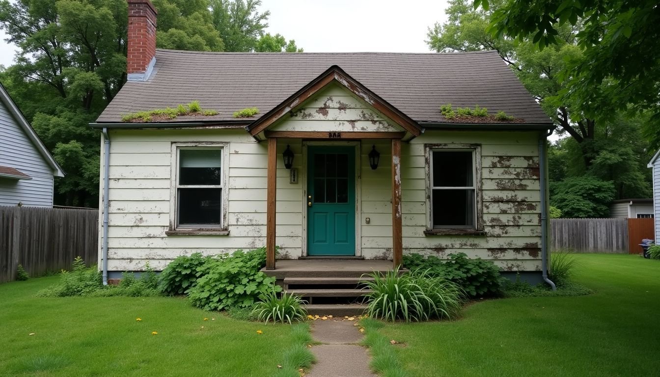 A run-down house in a suburban neighborhood with potential for renovation.