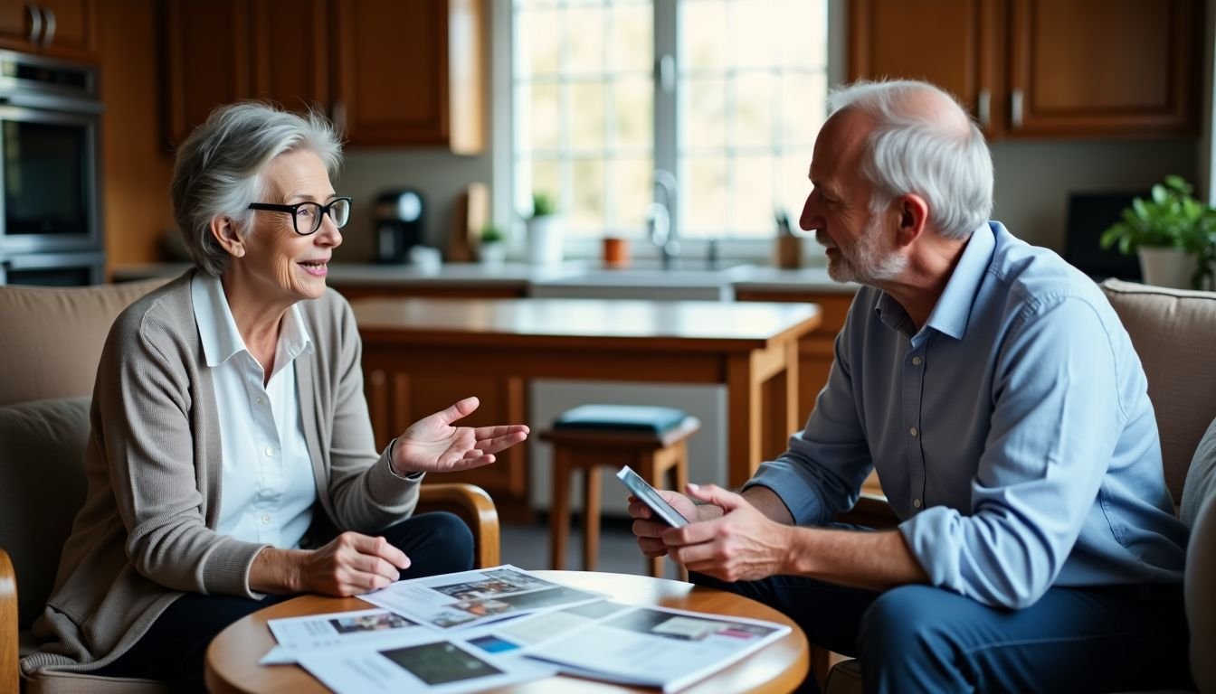 An elderly couple discusses real estate investment trusts in their cozy living room.