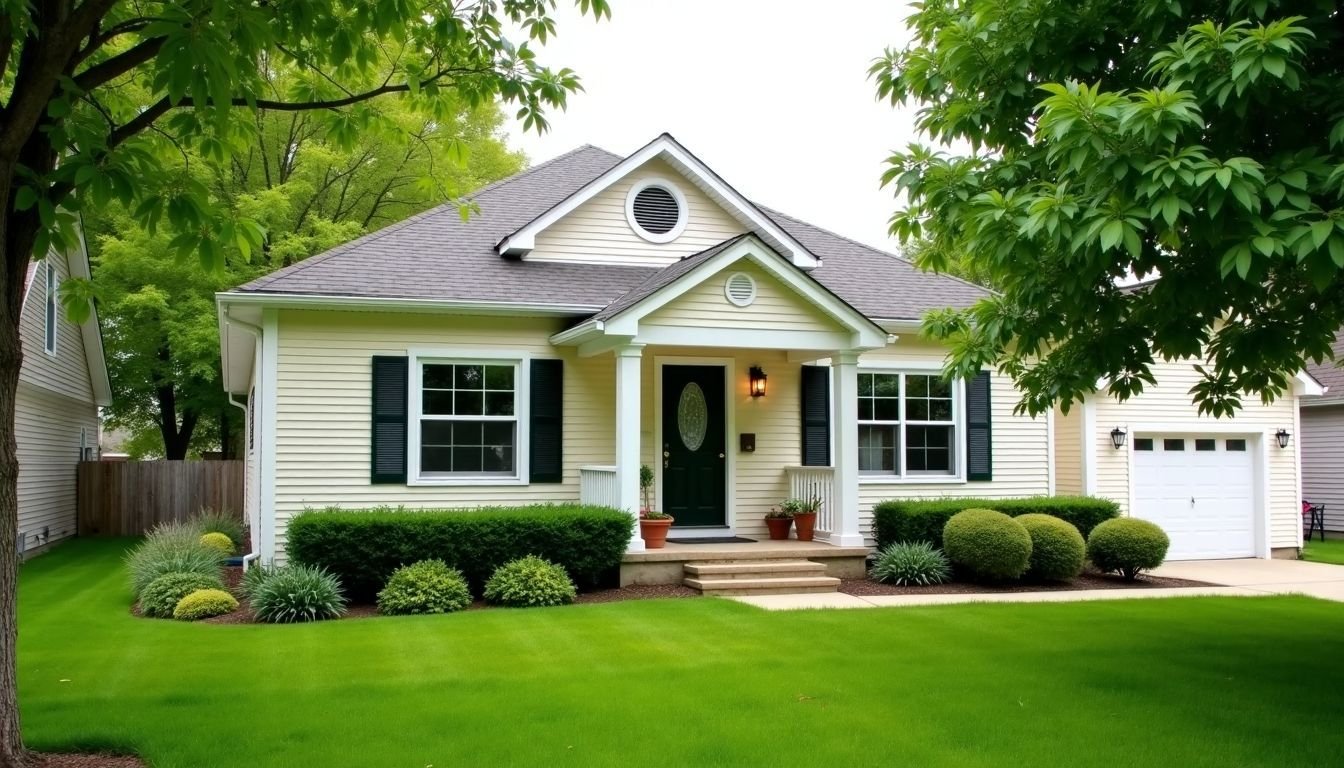 The photo shows a well-maintained single-family rental home in a suburban neighborhood with a lush green lawn.