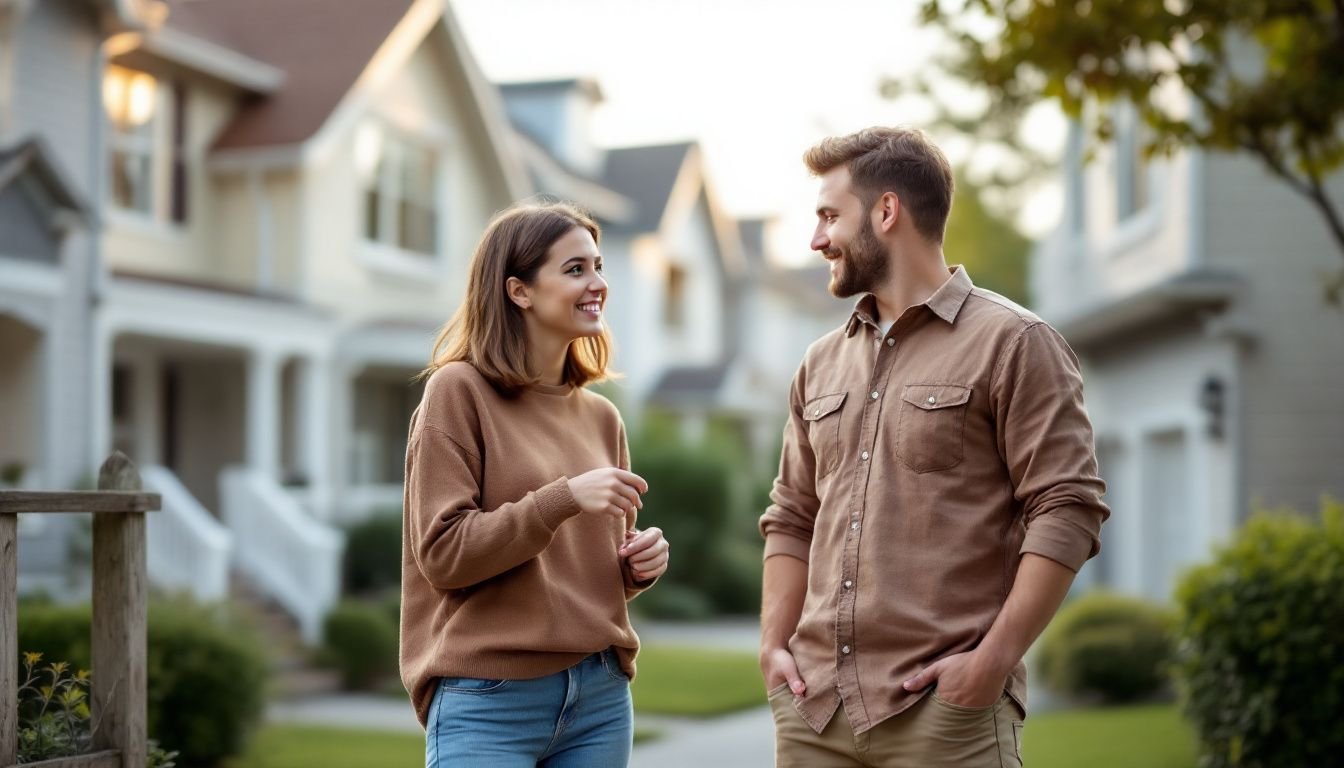 A couple in their 30s is exploring rental properties in a suburban neighborhood.