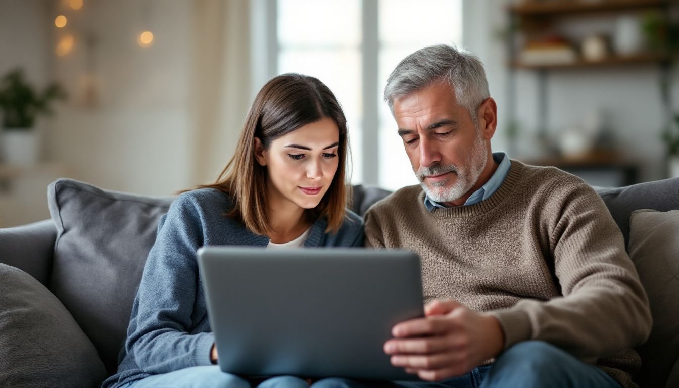 A middle-aged couple is sitting on a couch, discussing real estate investment options on a laptop.