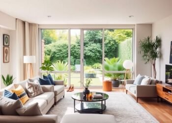 A modern living room with large windows, light-colored sofas, a round coffee table, and plants offers the perfect setting for turning a home sale into 'sold.' A TV on a wooden stand adds charm while the garden view enhances appeal.
