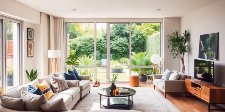 A modern living room with large windows, light-colored sofas, a round coffee table, and plants offers the perfect setting for turning a home sale into 'sold.' A TV on a wooden stand adds charm while the garden view enhances appeal.