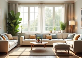 A well-lit living room perfect for home selling, features a large window, white sofas, a round coffee table, potted plants, and wall art. Neutral tones with green and orange accents create an inviting atmosphere.