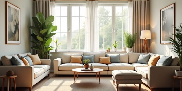 A well-lit living room perfect for home selling, features a large window, white sofas, a round coffee table, potted plants, and wall art. Neutral tones with green and orange accents create an inviting atmosphere.