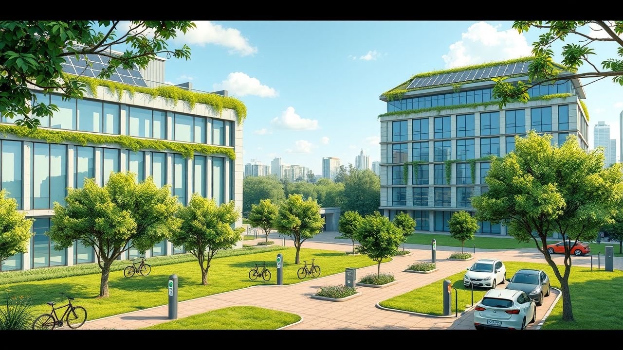 A modern eco-friendly office building with solar panels and green vegetation, overlooking an urban park promoting sustainability.