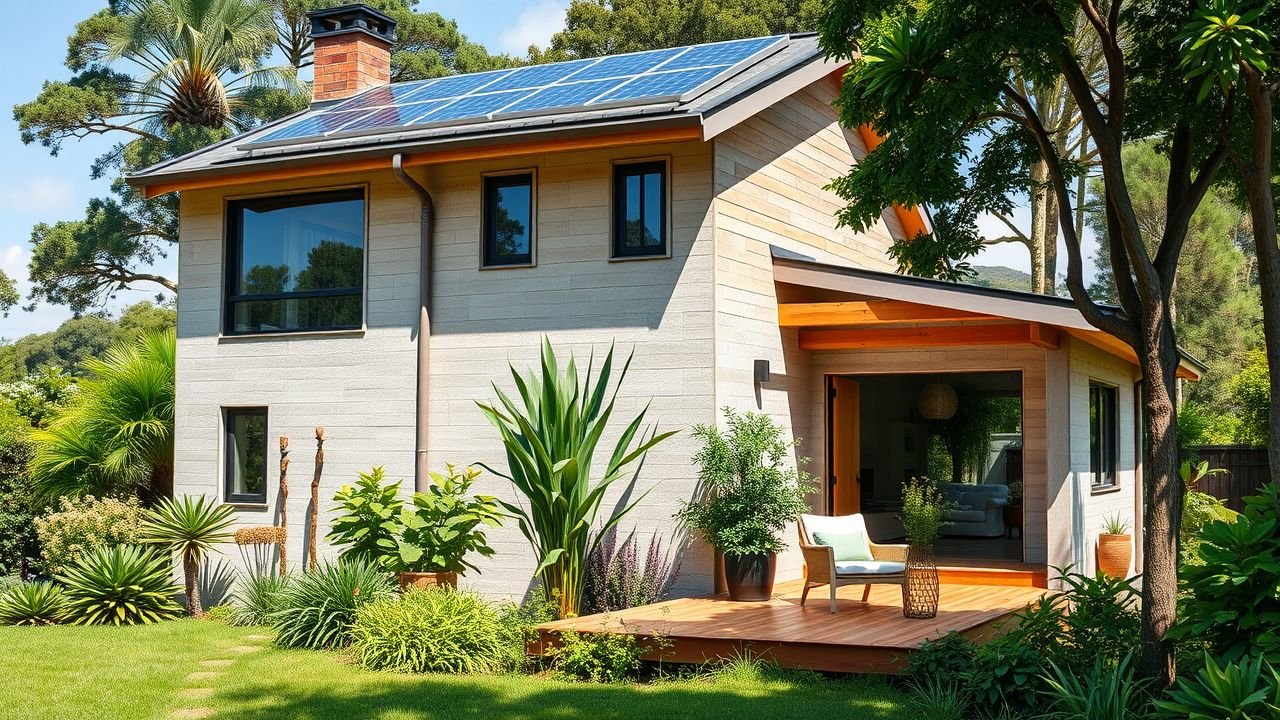 A modern, energy-efficient home with sustainable design features, including ICFs, SIPs, bamboo furniture, and a solar panel system.