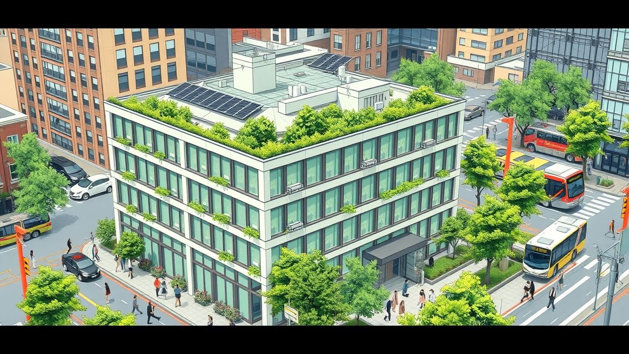 A sustainable office building in an urban environment with green landscaping and modern eco-friendly features.