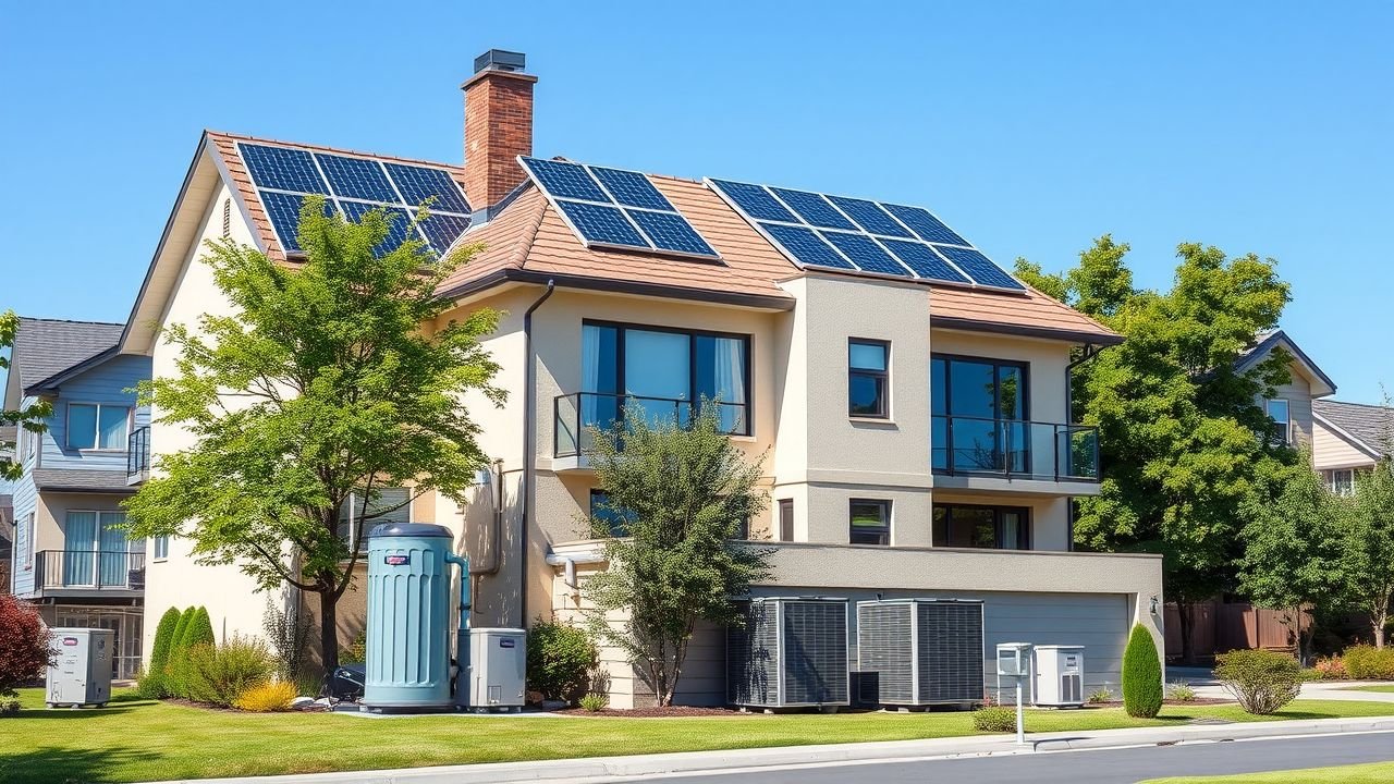 A modern residential building in a suburban neighborhood with solar panels and rainwater harvesting system for eco-friendly living.