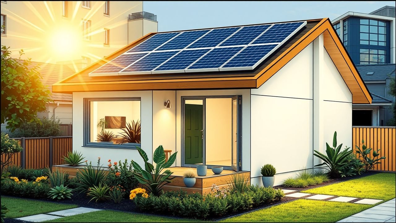 The image depicts a solar-powered smart home with energy-efficient design and eco-friendly landscaping in a modern urban environment.