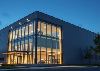 Modern glass-fronted building with warm interior lighting, captured at dusk, exemplifies the future of sustainable development in global real estate.