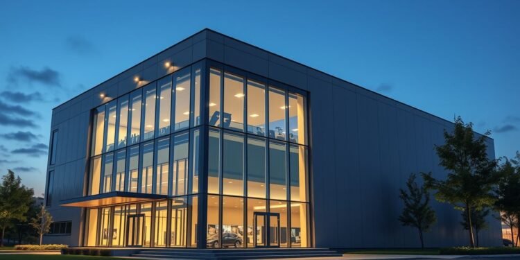 Modern glass-fronted building with warm interior lighting, captured at dusk, exemplifies the future of sustainable development in global real estate.