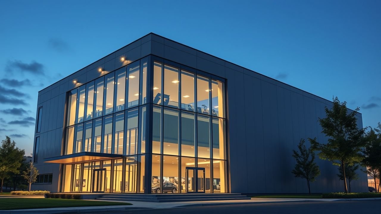 A modern office building with sleek architecture and LED lighting at dusk.