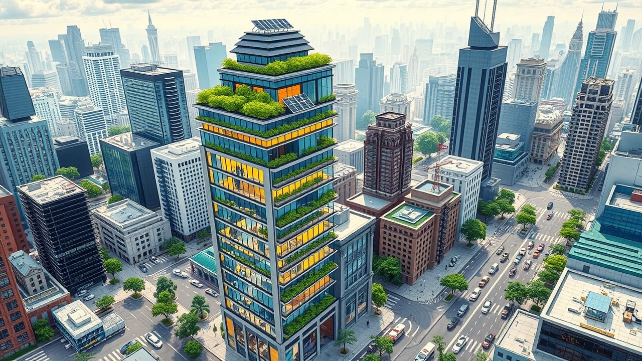 The image depicts a sustainable modern skyscraper in a bustling urban environment with solar panels and green rooftop gardens.