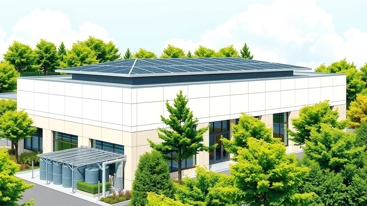 The image depicts a modern commercial building with solar panels and sustainable features surrounded by lush greenery.