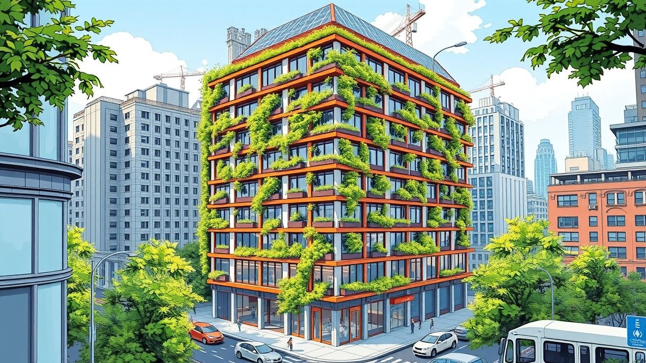 A modern high-rise building with sustainable features in an urban environment.