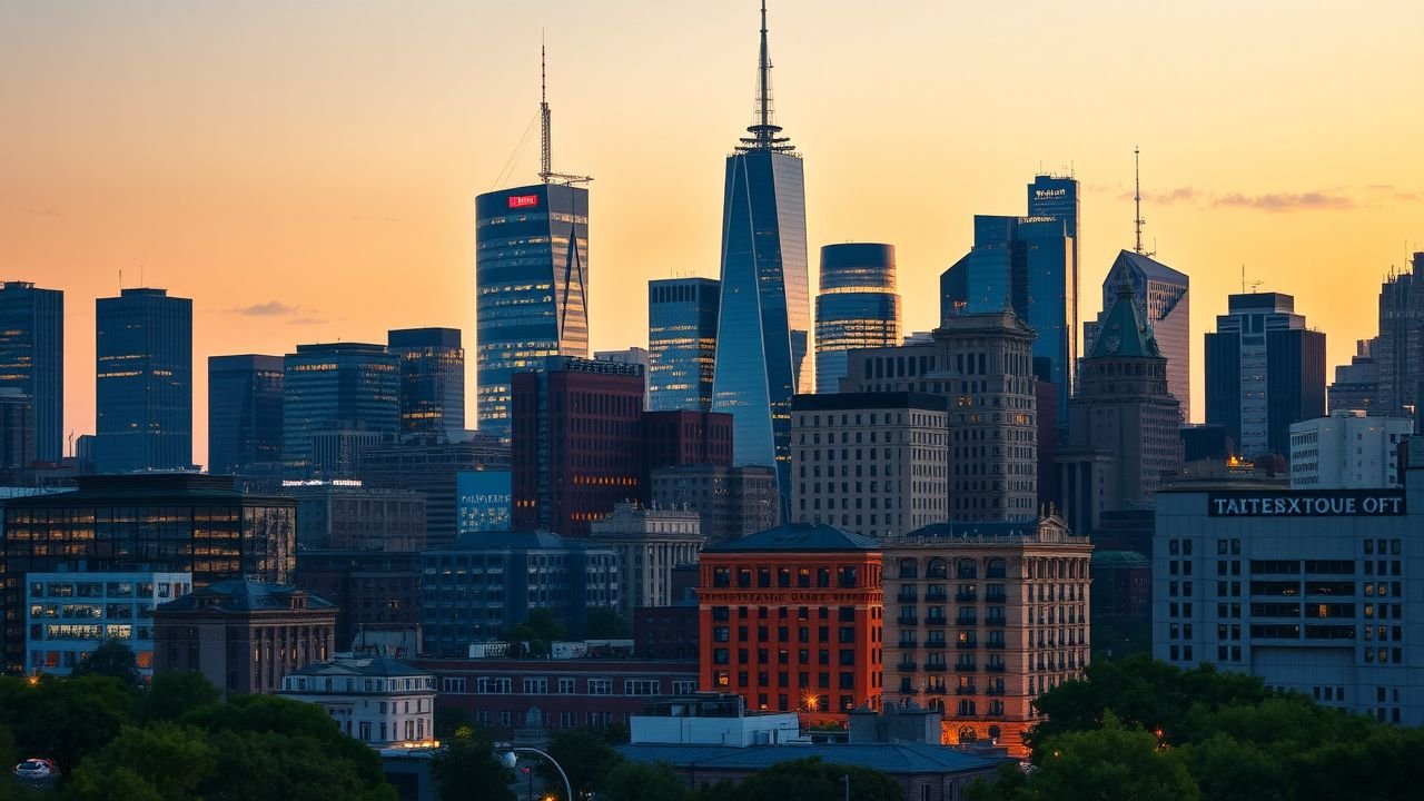 The image depicts a city skyline at dusk, highlighting the mix of modern and historic buildings.