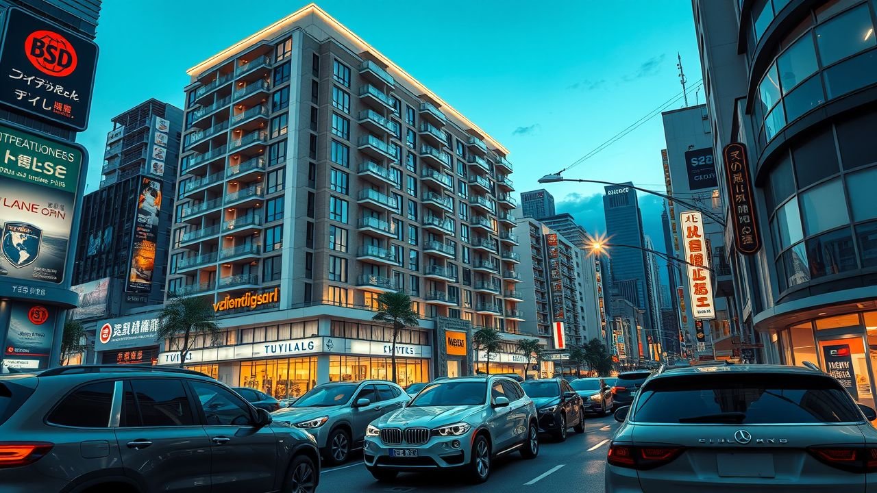 A modern luxury condominium building in a busy urban downtown area with signs of international investment.