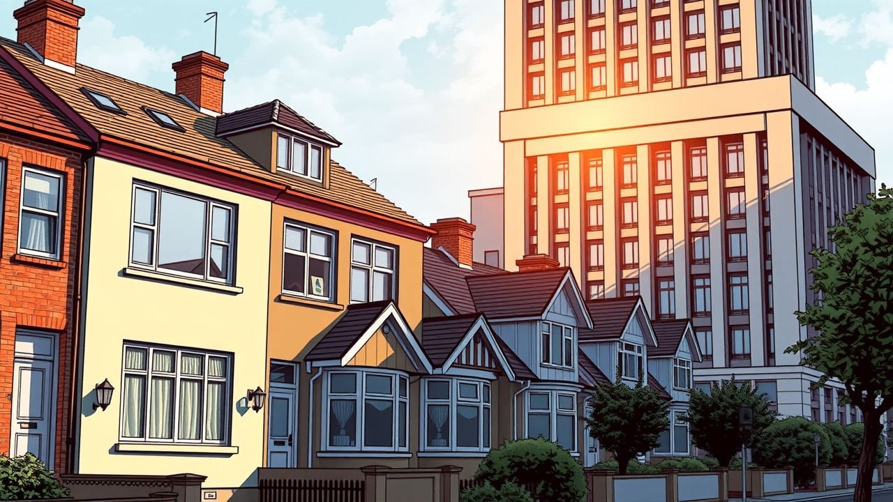 A comic book style image of a row of residential houses alongside a tall bank building, showing the contrast between finance and everyday living.