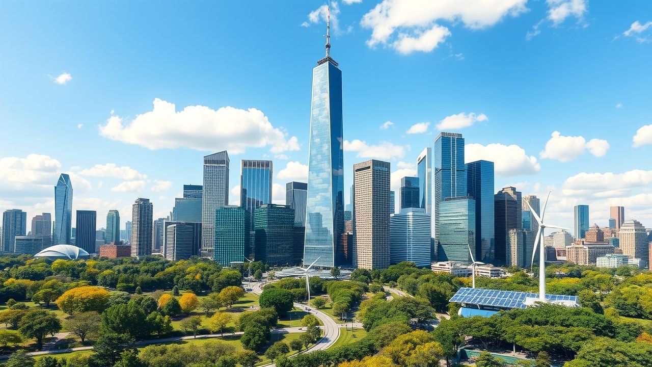 The image presents a modern city skyline with tall skyscrapers, green parks, and renewable energy infrastructure.