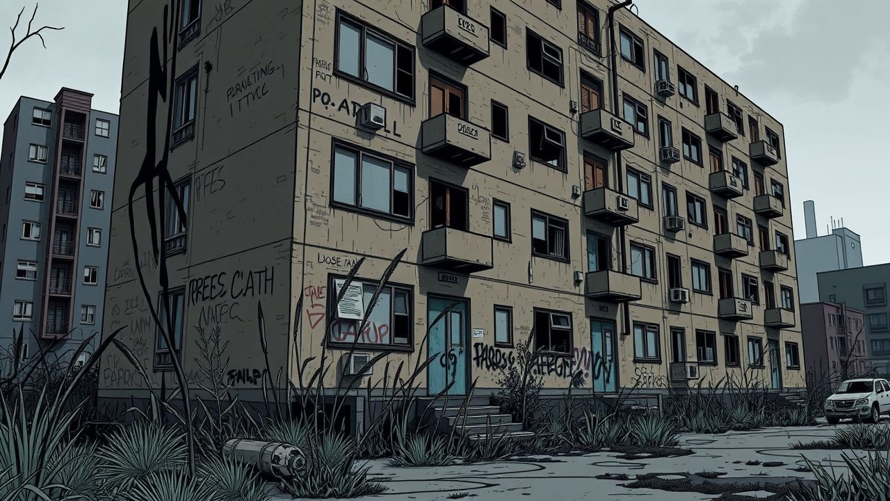 The image depicts an abandoned, deteriorating apartment building in a desolate urban environment.