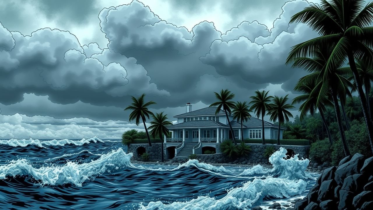 A coastal villa overlooks a tumultuous ocean on a stormy day, surrounded by palm trees.