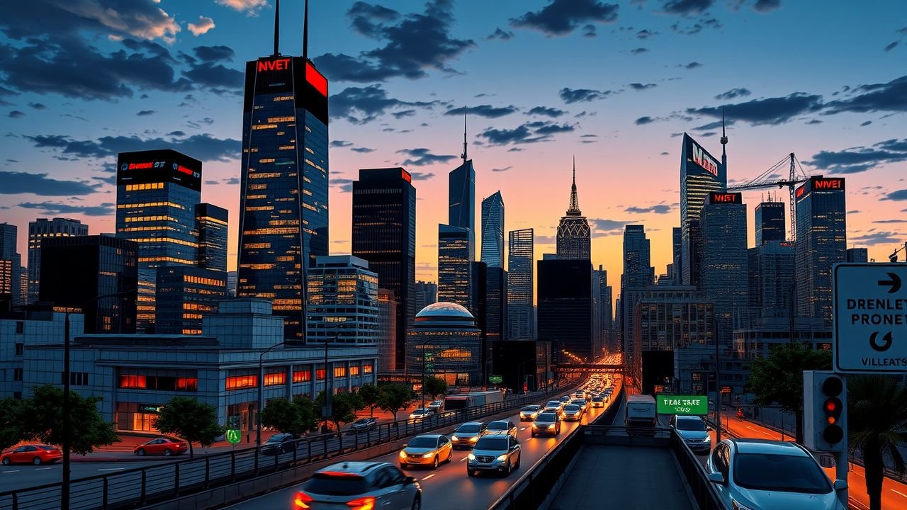 The image depicts a bustling city skyline with illuminated skyscrapers and traffic, highlighting the influence of global trade on real estate.