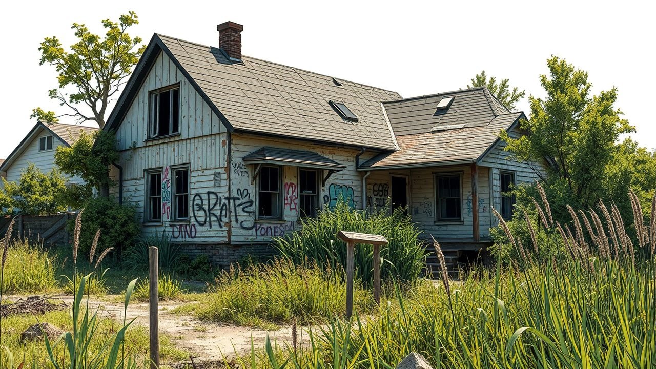 The image depicts an abandoned, rundown house in a neglected neighborhood being reclaimed by nature.