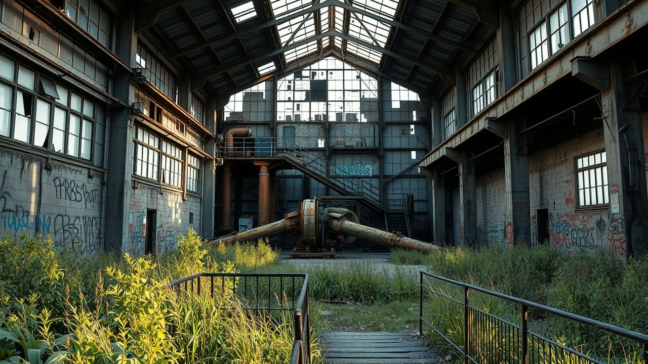 An abandoned industrial warehouse with broken windows, overgrown weeds, rusted machinery, and graffiti-covered walls.